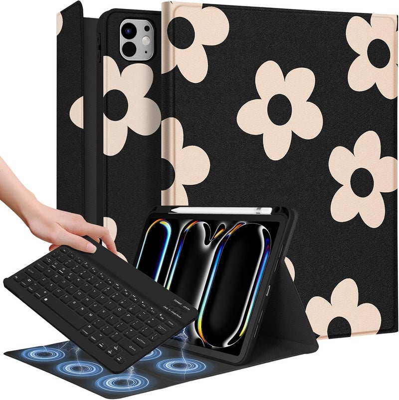 Wazzasoft for iPad Pro 11 inch Case with Keyboard M4 - Pencil Holder Folio Women Girls Cute Kawaii Unique Design for Apple Tablet Cover Pro 11 2024, Black Flower - Image 1